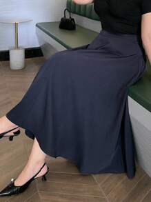 Dazy Plus 大码女式优雅A字长款休闲裙，纯色，四季秋季裙子 - 寶藍色 - 查看 1