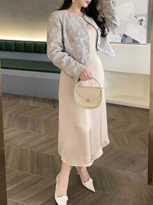 Dazy Plus 2pcs Plus Size Women Set: Sleeveless Bodycon Maxi Dress & Short Floral Print Cardigan