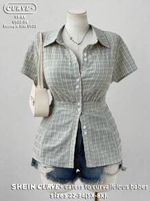 SHEIN CURVE+ 大码女式格子浅色单排扣短袖休闲纽扣衬衫 - 彩色 - 查看 1