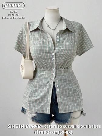 SHEIN CURVE+ 大码女式格子浅色单排扣短袖休闲纽扣衬衫