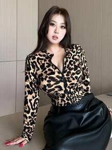 Dazy Plus Veste courte à manches longues en jersey léopard élastique pour femmes grandes tailles, nouvelle arrivée pour le début de l'automne - Kaki - Voir 5