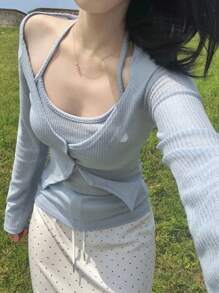 DAZY 2pcs Knitted Cover Up With Spaghetti Strap Shawl Collar Lightweight Cover Up Set For Women - Blue - View 4