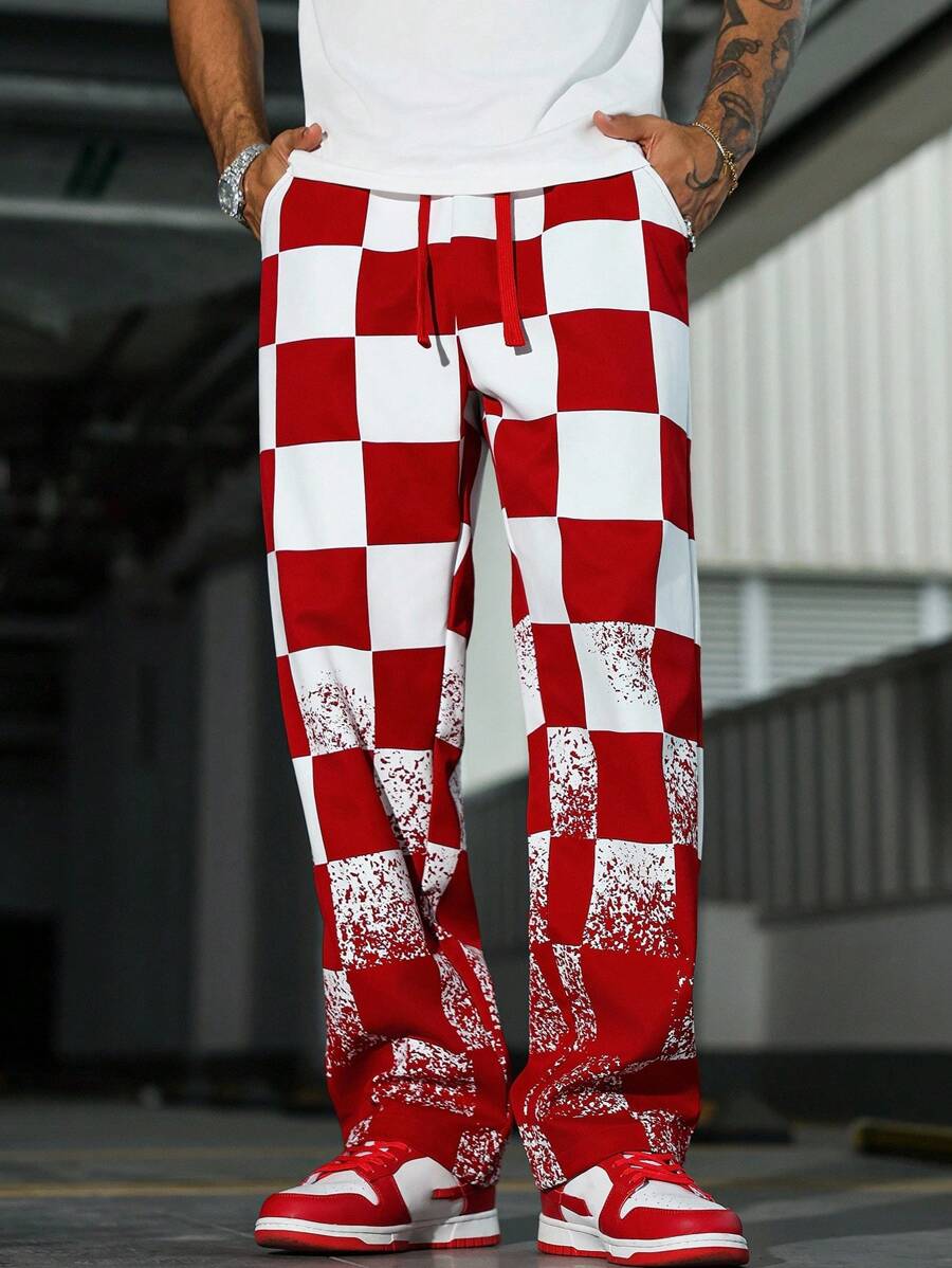 Manfinity EMRG Casual Straight-Leg Men's Pants With Contrasting Plaid Pattern, Red Checkered Pants, Men Graphic Pants, Streetwear Pants, Red And White Checkered Pants, 2000s Style, Fall - Red - View 1