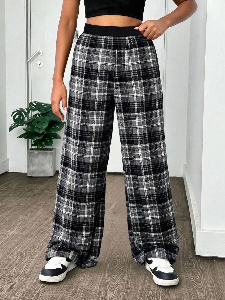 SHEIN Tween Girl Street Chic Woven Checked Straight Leg Pants - Dark Grey - View 1
