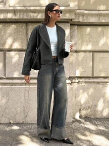 Aloruh Women's Elegant New Arrival Gray Lapel Short Coat, For Fall & Winter,Casual,Long Sleeve Jackets Women Autumn/Winter Coat - Grey - View 6