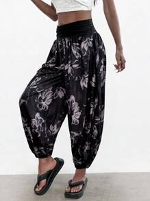 EMERY ROSE 女性植物印花彈性腰部褶皺腳踝褲