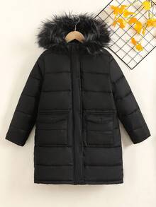 SHEIN Manteau long matelassé à capuche et fermeture éclair pour filles préadolescentes, avec poches, polyvalent pour les sorties, automne/hiver - Noir - Voir 7