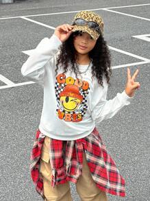 SHEIN Explorewe Casual Tween Girl Retro Face Plaid Print Long Sleeve Crew Neck Sweatshirt And Khaki Cargo Pants Casual Street Fashion Outfit - Multicolor - View 5