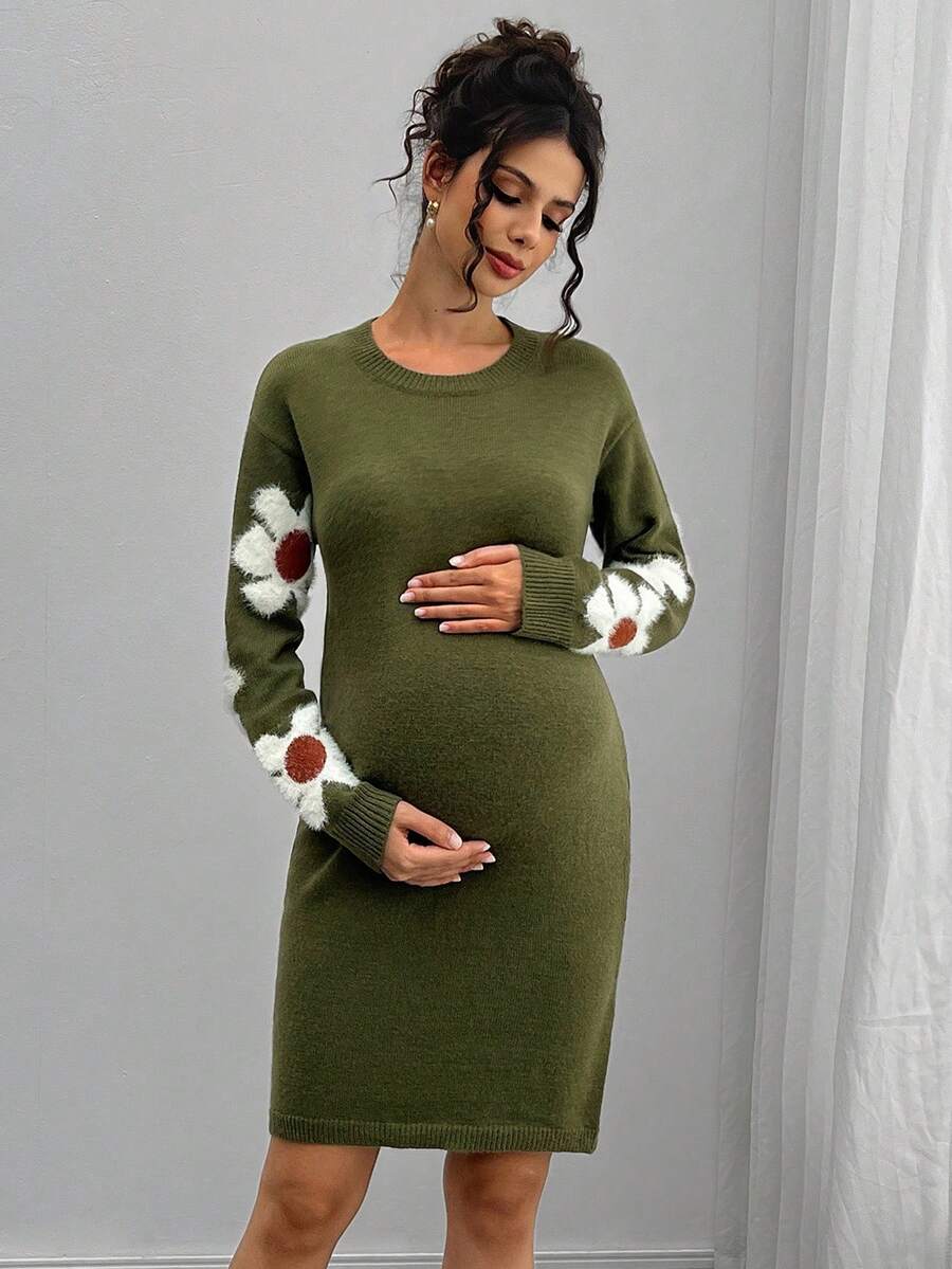Momance Maternity Casual 3D Floral Fitted Knit Dress, Autumn/Winter