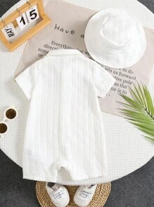 SHEIN 2pcs/Set Newborn Baby Boy/Girl Soft Casual Cute Textured Fabric White Short Sleeve Romper & Sun Hat Set, Knit Outfit Suitable For Indoor, Outdoor, Daily, Sports, Play, Party, Photo Shoot, Holiday, Spring/Summer