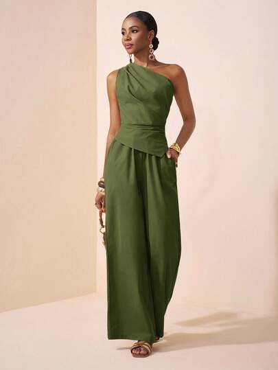 Zivah Conjunto de 2 piezas de top y pantalones rectos para mujer, de estilo elegante y casual, con un hombro, plisado en la cintura y bajo asimétrico, en color caqui. Ideal para festivales de música, Pascua, Día de la Madre, bodas, fiestas de cumpleaños, salidas diarias y uso versátil. de moda entre celebridades e internet.