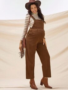 Boho Mama 2-Piece Maternity Khaki Striped Turtleneck Top & Solid Adjustable Shoulder Strap Jumpsuit Set,Bohemian Style Autumn Casual Photoshoot Rave Outfits - Khaki - View 6