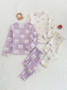 Emery Rose Kids Emery Rose Kids 4 件套少女针织可爱动物图案荷叶边领休闲 T 恤和加长裤家居服套装 - 彩色 - 查看 2