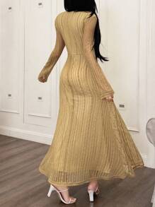 Feyla Women's V-Neck Front Tie Long Sleeve Fitted Elegant Dress - Khaki - View 3