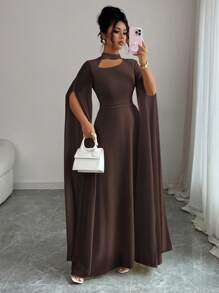 Elenzga 女士优雅法式浪漫度假风沙滩裙，雪纺透明面料，镂空领口，后背交叉系带，喇叭长裙，长袖，开衩袖口，适合下午茶、派对、中东风格、春夏季 - 棕色 - 查看 4