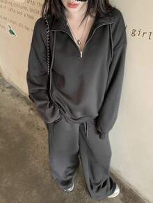 DAZY 女士保暖内衬圆领卫衣和宽松长裤两件套休闲街头风家居服套装 - 灰色 - 查看 4