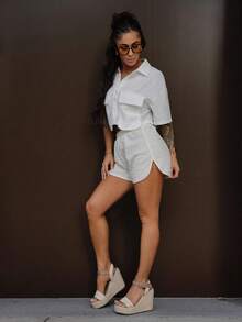 SAYEHFBABY Áo sơ mi tay ngắn cổ bẻ dáng rộng màu trắng hở vai cho nữ 2025 mới, áo cánh cho nữ, xuân/hè, trang phục thường ngày, lễ hội âm nhạc - trắng - Xem 4