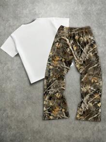 Manfinity ZONE917 男士休闲星星字母印花宽松短袖T恤和迷彩长裤套装，夏季 - 紫色 - 查看 5