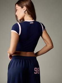 MISSGUIDED 经典婴儿 T 恤海军蓝撞色饰边短款上衣复古 Y2K 时尚短袖夏季基本款现代日常罗纹棉