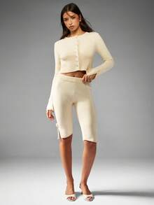 MISSGUIDED Set coordinato in maglia con cardigan corto e pantaloncini ciclisti, elegante con bottoni davanti, dettagli con orlo a costine e coulisse, outfit in due pezzi autunno/inverno - Albicocca - Visualizzare 1