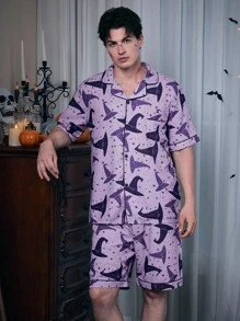 SHEIN Coupled Up Halloween Element Graphic Print Bubble Crinkle Shawl Collar Men Pajama Set  Cozy And Elegant Details - Purple - View 2