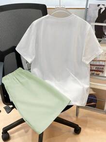 SHEIN 青少年男孩休闲标语印花短袖T恤和短裤套装 - 薄荷綠 - 查看 2