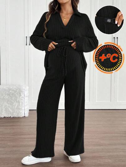 SHEIN 2 Stücke Umstandsmode Set: Raglanärmel Shirt mit Kragen und verstellbarem Bund gerade geschnittene Hose, locker geschnitten, Herbst 2-teiliges Loungewear Set Damen 2-teiliges Lässig Set Damen Strick Zweiteiler Damen Gerippter Zweiteiler