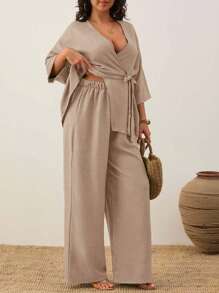 EURMUSE 女式纯色休闲不对称短袖上衣和休闲阔腿裤 - 杏色 - 查看 5