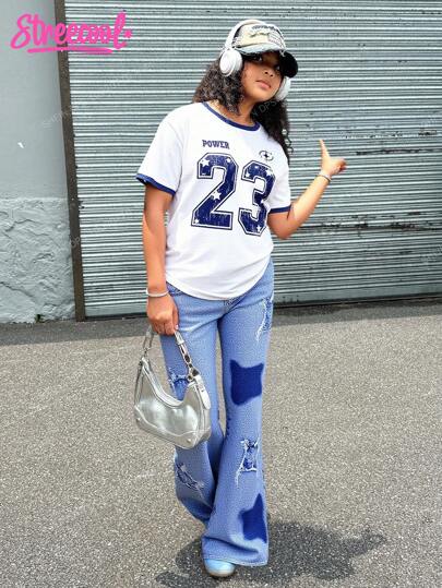 SHEIN Explorewe Streecool Kids Casual School Style Fashion Vintage Letter Print Patchwork Short Sleeve Top And Comfortable Star Print Flare Pants 2 Pieces Set, Suitable For Leisure And Street Wear, Spring/Summer