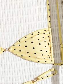 Swim Mod 2pcs Fashionable Yellow Polka Dot & Pearl Decor Sexy Bikini Swimsuit Set For Women, Beach Holiday - Multicolor - View 4