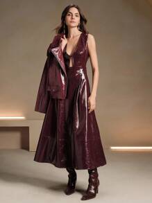 Anewsta Women's Long V-Neck Red Dress Burgundy Maxi PU Leather Women Outfit - Burgundy - View 2