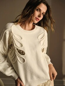 MOTF PREMIUM CONTRAST SEQUIN EMBROIDERY SWEATER - Apricot - View 5