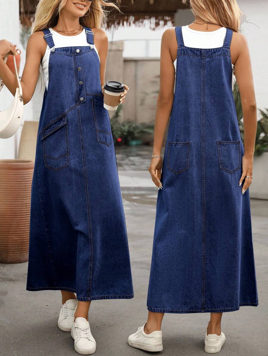 EMERY ROSE Women's Button Half-Placket Pocket Casual Denim Pinafore Dress - Blue - View 1