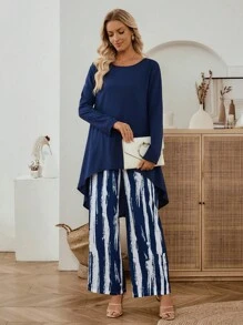 EMERY ROSE 2件套女式休闲前短后长上衣和印花裤套装