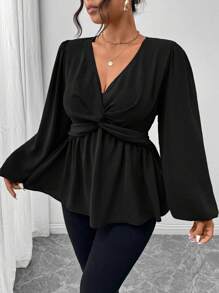 Firerie 大码休闲扭纹 A 字长袖衬衫，绿色 - 黑色 - 查看 6