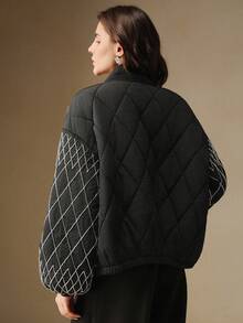 Anewsta Abrigo corto acolchado negro elegante para mujer con un exquisito ribete bordado con cuentas, adecuado para otoño, invierno, salir, formal, fiesta, elegante, Año Nuevo, Navidad, trabajo, graduación