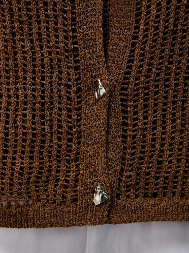 SHEIN Maija 2pcs Women Solid Color Long Sleeve Hollow-Out Knitted Cardigan And Camisole Knit Top Set, Fall Women Clothes