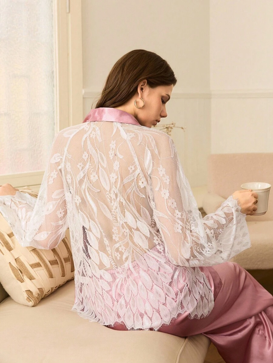 优雅成熟性感法式蕾丝缎面女士睡袍和睡袍套装，秋季服装 - 粉色 - 查看 1