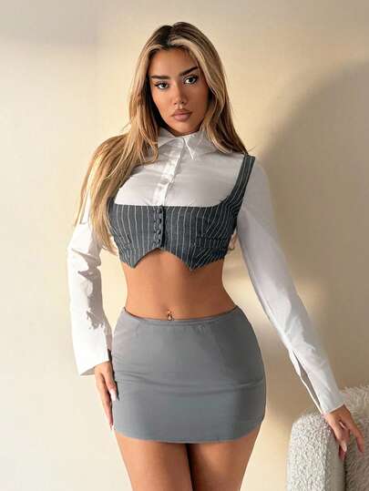 SHEIN ICON 女式白色二合一灰色条纹拼布 V 领短袖修身休闲衬衫