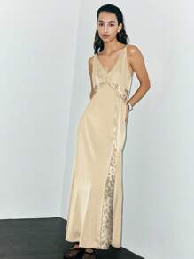 Chiquease Summer Sexy Spaghetti Strap Lace Patchwork Tie-Knot Backless Dress - Champagne - View 3