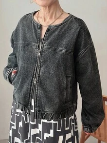 FRIFUL 女式落肩长袖拉链休闲牛仔夹克牛仔夹克短款夹克黑色牛仔夹克加大码牛仔夹克秋冬 - 黑色 - 查看 5