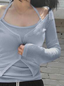 DAZY 2pcs Knitted Cover Up With Spaghetti Strap Shawl Collar Lightweight Cover Up Set For Women - Blue - View 8