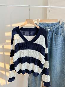 SHEIN 少女黑白V领条纹纹理针织灯笼袖宽松休闲优雅通勤毛衣 - 藏蓝色 - 查看 3