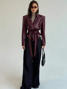 Aloruh 女式纯色长袖翻领PU皮革时尚西装外套 - 酒紅色 - 查看 5