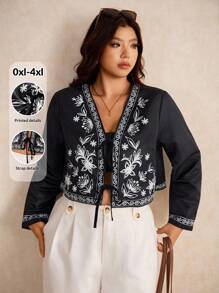 Elaquor Große Größen Lässig Jacke mit Blume Muster und Kordelzug