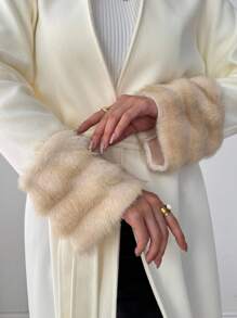 Chiquease Women Winter Clothes Furry Cuff Mid-Length Solid Color Long Fashionable Overcoat - Beige - View 6