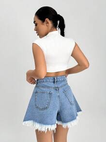 SHEIN Cottnline سروال جينز قصير ونطاق ساقه عريض مع جيوب وهامش مبتر للنساء - أزرق متوسط - مشاهدة 2