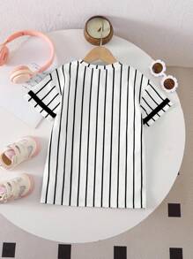 Babygirl Cute Summer Sports Style Colorblock Striped Numeric Pattern Loose Dress - Black and White - View 2