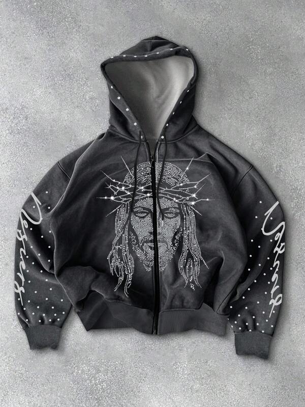 Manfinity Streetrush Men's Rhinestone Embellished Figure Print Zip Front Drawstring Hoodie Sweatshirt