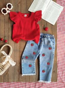 SHEIN Vintaside Kids 2pcs Baby Girls' Spring/Summer Set, Red Round Neck Puff Sleeve Top Paired With Cherry Embroidered Denim Pants, Sweet Style, Versatile For Daily Wear, Outdoor Play, Comfortable Home, And Casual Gatherings - Red - View 1